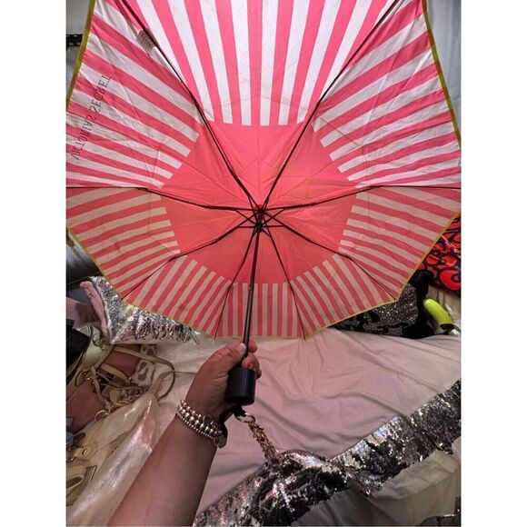 Victoria's secret VS signature stripe w/neon green trim & wristlet chain - Picture 5 of 10